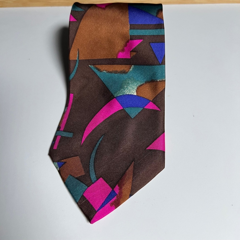 Vintage Adolfo Mens Silk‎ Tie Brown Pink Teal Abstract Geometric Retro Necktie